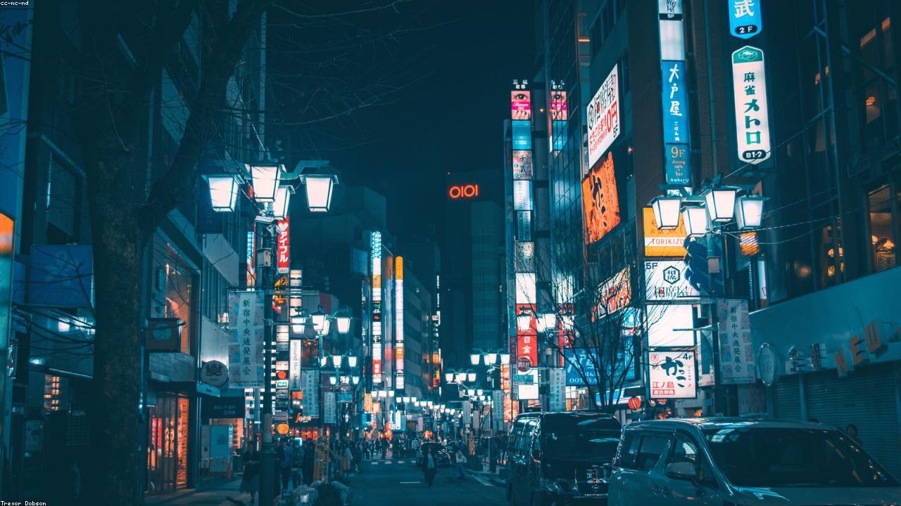 Neon-lit Shinjuku alley reflecting in wet pavement.